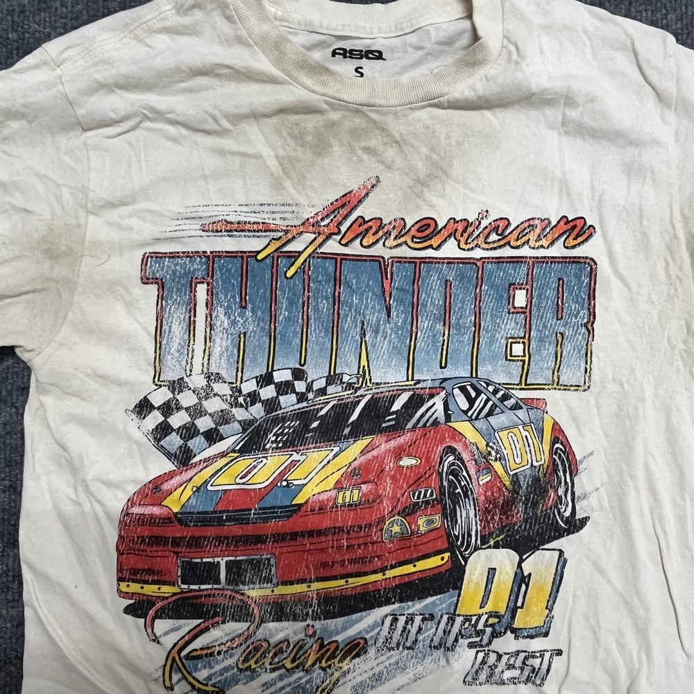 RSQ T-Shirt Mens Size S Cream American Thunder Racing Graphic Short Sleeve Tee